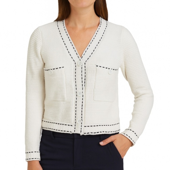 Textured White with Black Stitching Detail, V-Neck Button Up Woman’s Sweater - Picture 1 of 11